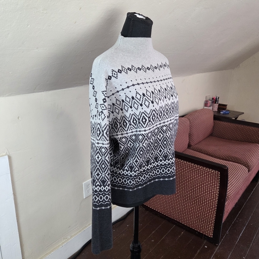 Joie Gray Black Fair Isle Sweater M Mock Neck Stretchy Knit Pullover - Picture 5 of 12